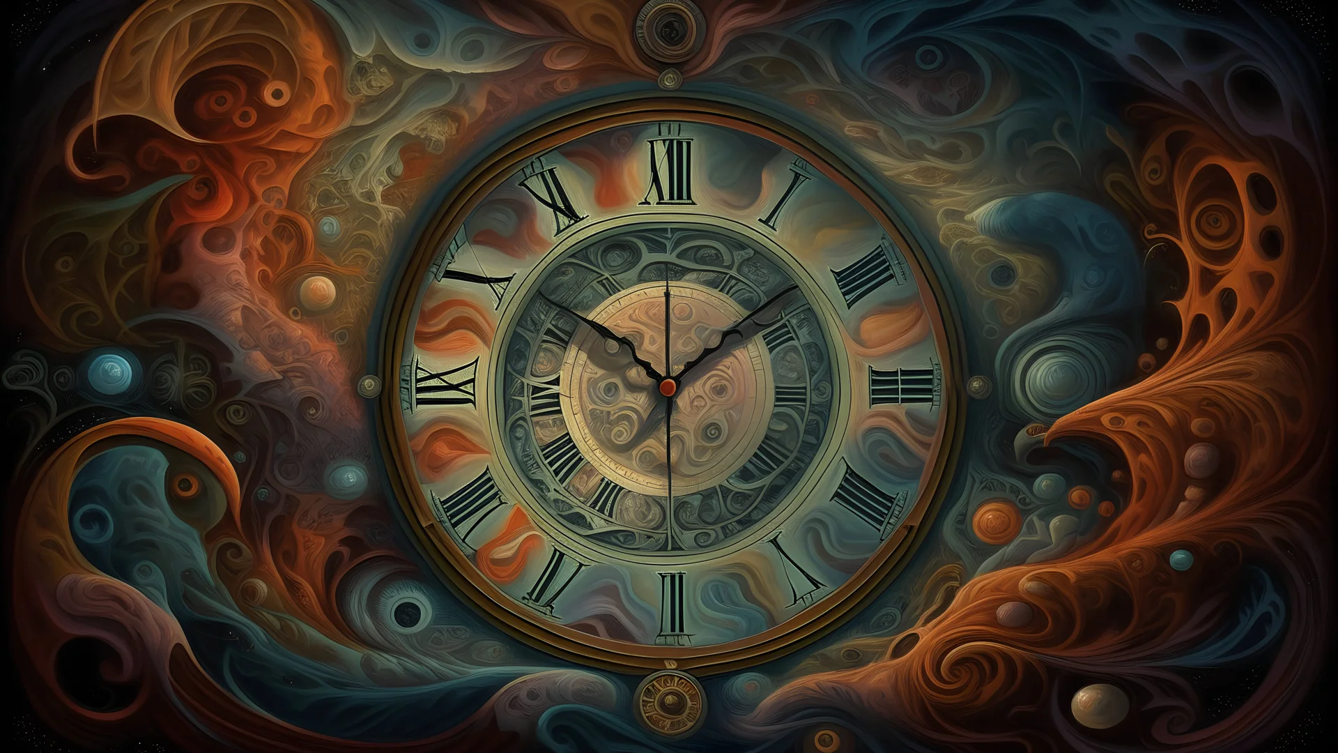 a painting of a clock on a wall, the flow of time. complex shapes, caught in the flow of time, illusion of bent time, in the flow of time, time warping, memory trapped in eternal time, psychedelic surreal art, the passage of time, surrealistic painting, traveling through time, infinity time loop, hallucinatory art, deep dream