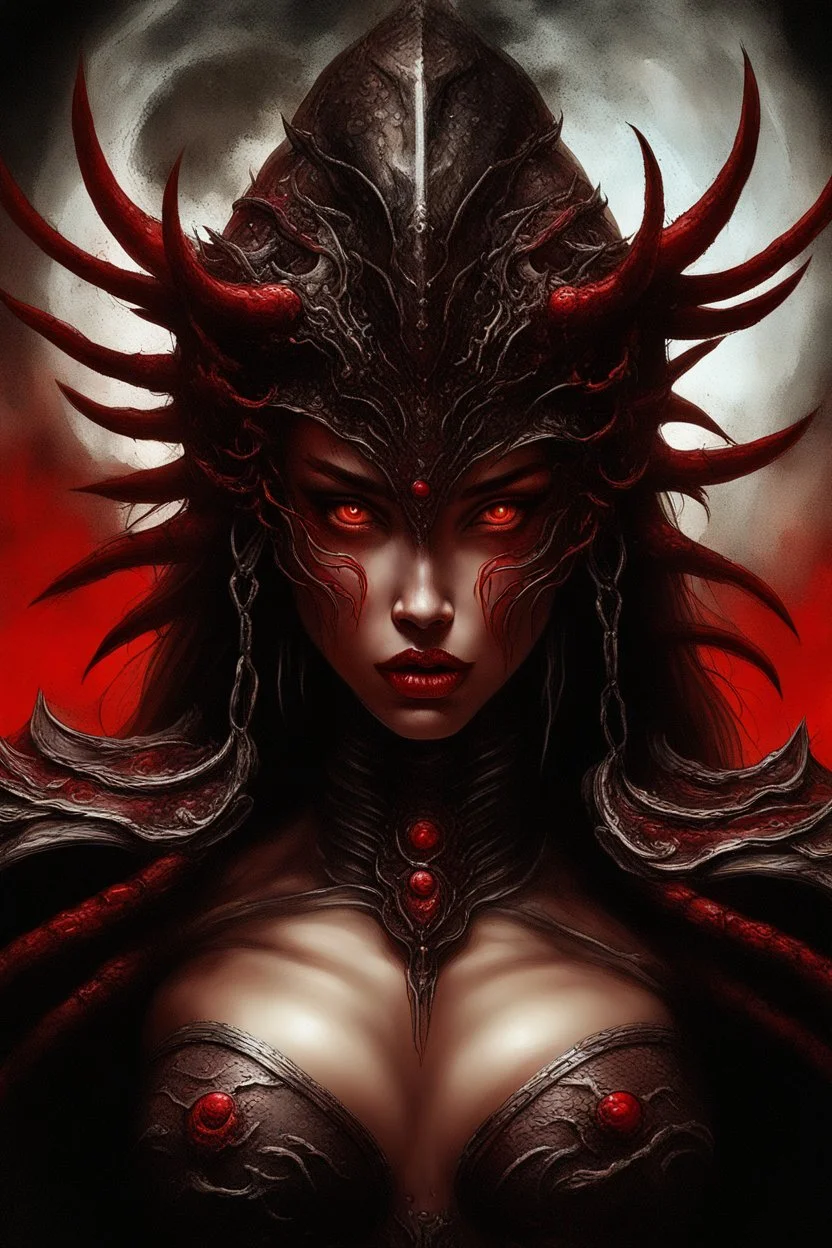 A dramatic digital painting portraying a warrior girl under the Red Moon, veins pulsing, claws of temptation visible, soul in turmoil. In the style of Luis Royo and Boris Vallejo and Giger, vivid colors, swirling brushstrokes, highly detailed, 8k resolution, surrealistic., juicy emotions, painting, gloomy fantasy, gloomy day, dark world, portrait, oil and graphite, wide strokes, a weaving frame around, by Ryohei Hase, Agnes Cecile, Raymond Swanland, Anne Bachelier