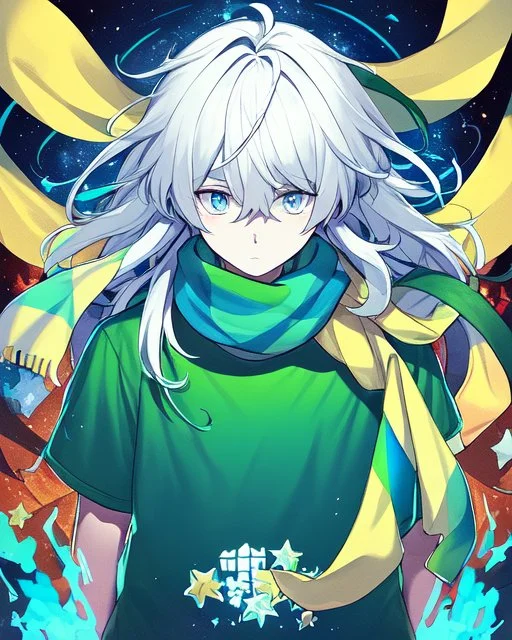 Young boy aged 14, determined, has white hair, wears a green t-shirt with yellow stripes, wears a scarf with the colors of the rainbow, He is sad but looks ahead with a determined look, has light blue eyes, stars behind the character, and a colorful aura.