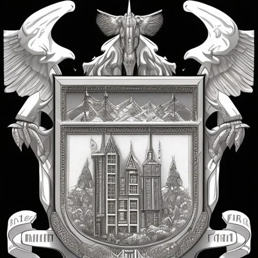 coat of arms of a city in the moutains, very detailed