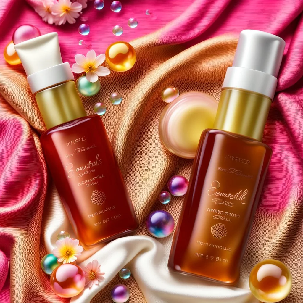 two cosmetics bottles are on a silk fabric, behind a beautiful floral spring floral background, the picture is top view, in the background there are beautiful soap bubbles, molecules and honeycombs, high-quality picture, top view