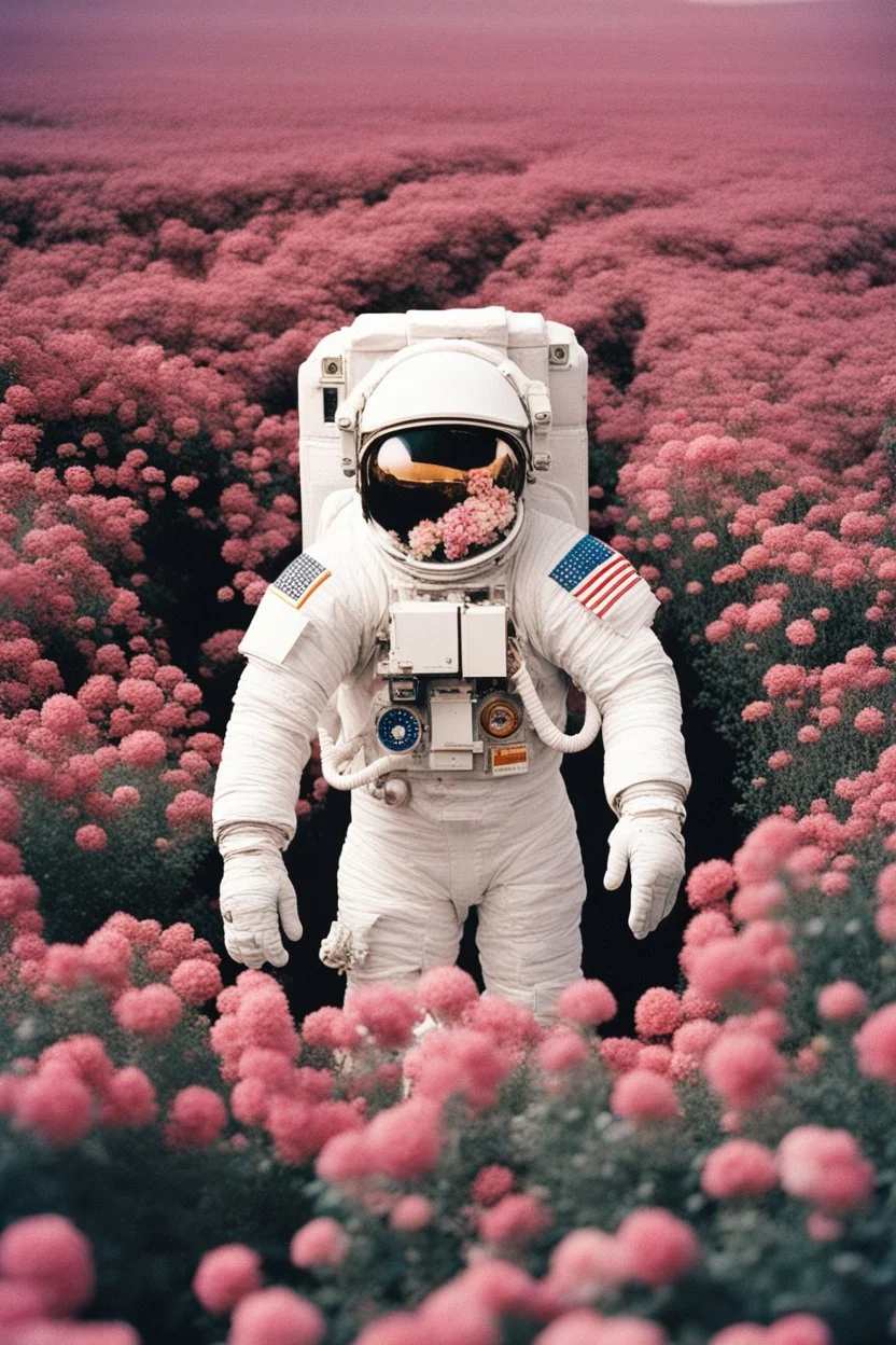 Portra 400 high dpi film scan of a NASA astronaut wearing a space suit made of millions of flowers. Editorial for NASA. floral edition