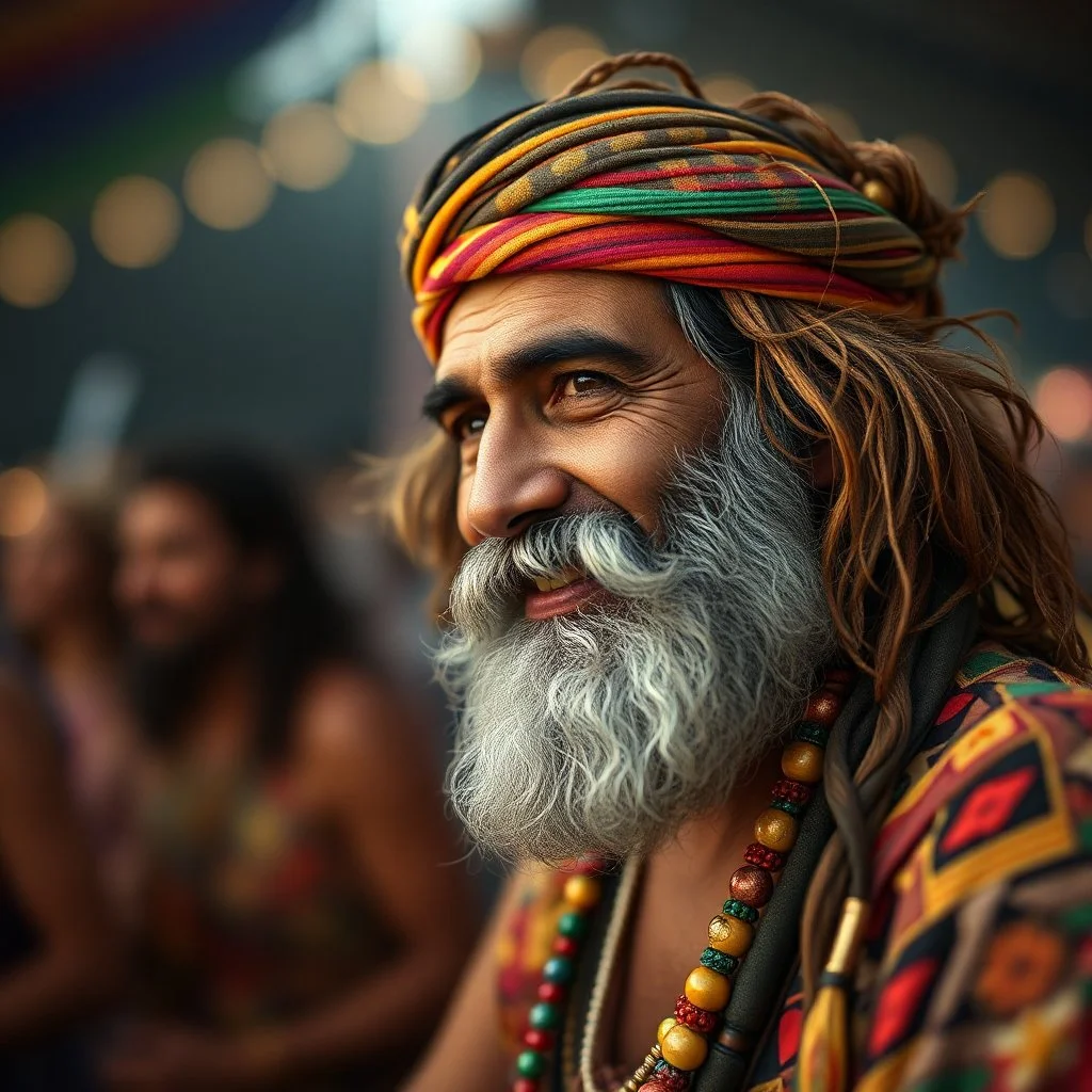 saddam husssain as hippie having fun in a festival in the 60s, goa psy ambient in the style of vangelis and fsol, source vibrations, bokeh like f/0.8, tilt-shift lens 8k, high detail, smooth render, down-light, unreal engine, prize winning