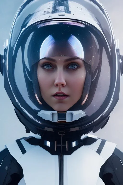 Black intergalactic pilot AnnaSophia Robb, portrait, bright white eyes, wearing high tech pilot helmet, beautiful face, white smoke, dark, rage, sorrow, high definition, ultra 8 k, volumetric lighting, blue fire, fog