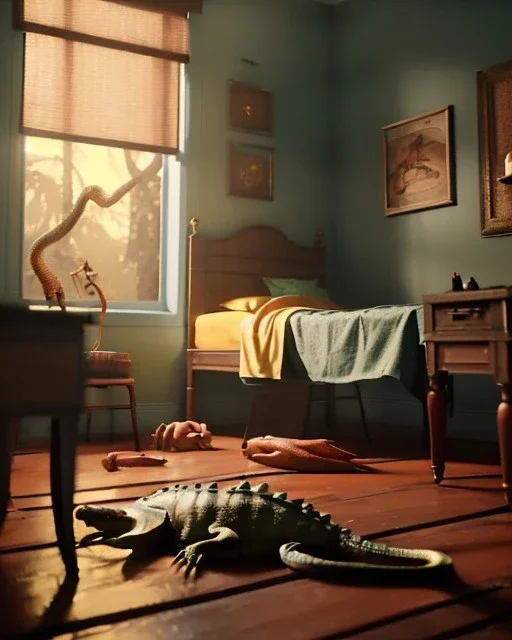 Room scene with alligator sleeping, Wes Anderson styler, realistic image, concept art, smooth, unreal engine 5, god lights, ray tracing, RTX, lumen lighting, ultra detail, volumetric lighting, 3d.