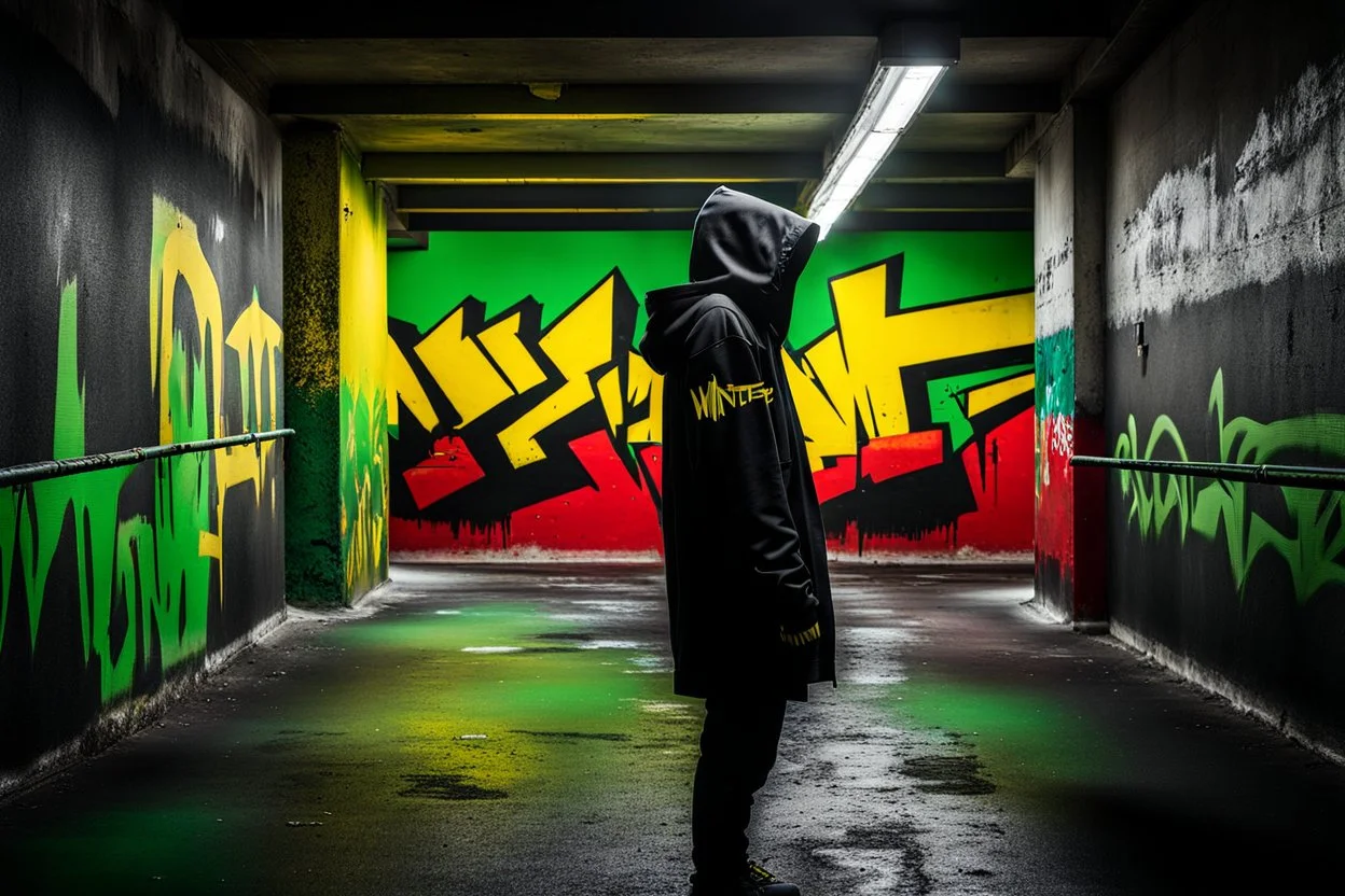 cyberpunk young man siluette in a black hood painted on concrete wall of underpass paints a complicated colorful uppercase graffiti text text word "WINTERMUTE", street art, graffiti green-yellow-black triotone, wall painted matte black and yellow and deep red, semi-front view, low angle, daylight, cinematic, dramatic