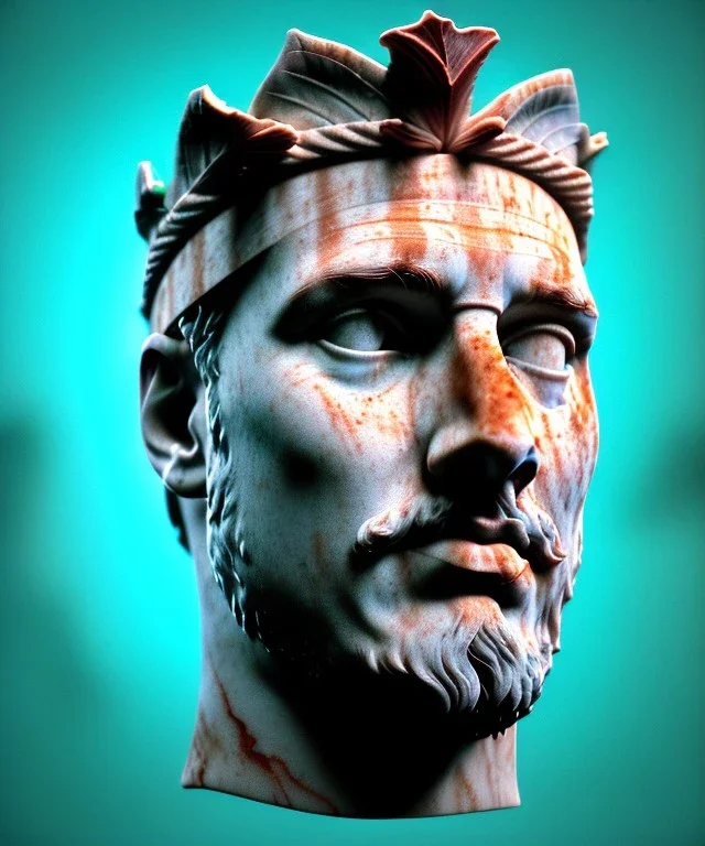 Ultra Realistic image, roman sculpture, marble deluxe material, Lionel Messi, Laurel leaves crown model, miguel angel style, chisel style,wide stripes of light blue and white paint, emperador, waist up portrait, cinematic lighting, God light, god rays, 4k resolution, smooth details, ornate details, soft lighting, unreal engine 5, sky background.