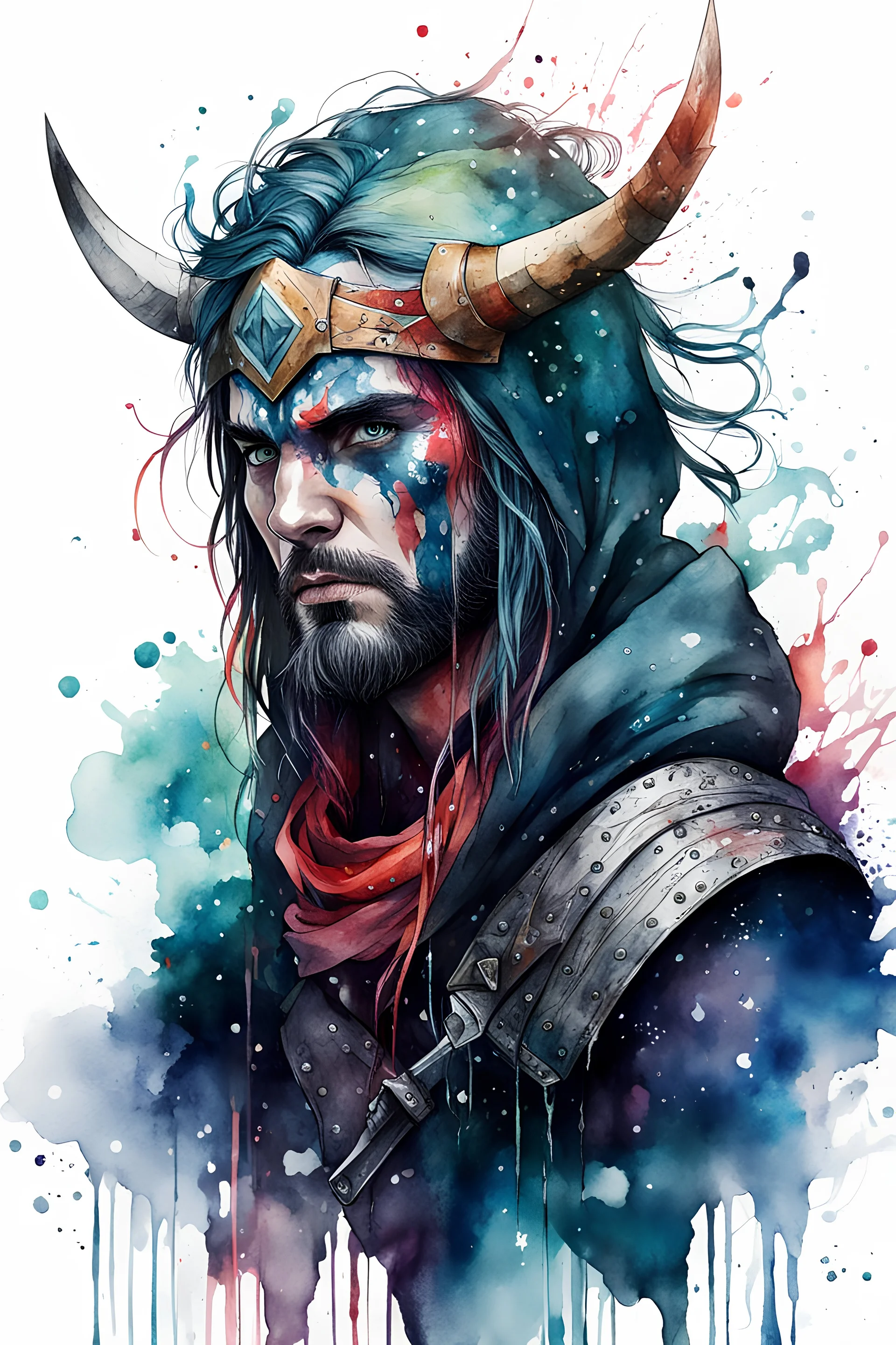 highly detailed, watercolor concept illustration of a Norse rogue wander character , maximalist, sharp focus, highest resolution, in the styles of Agnes Cecile, and Alex Pardee, 8k, coarse, gritty textures