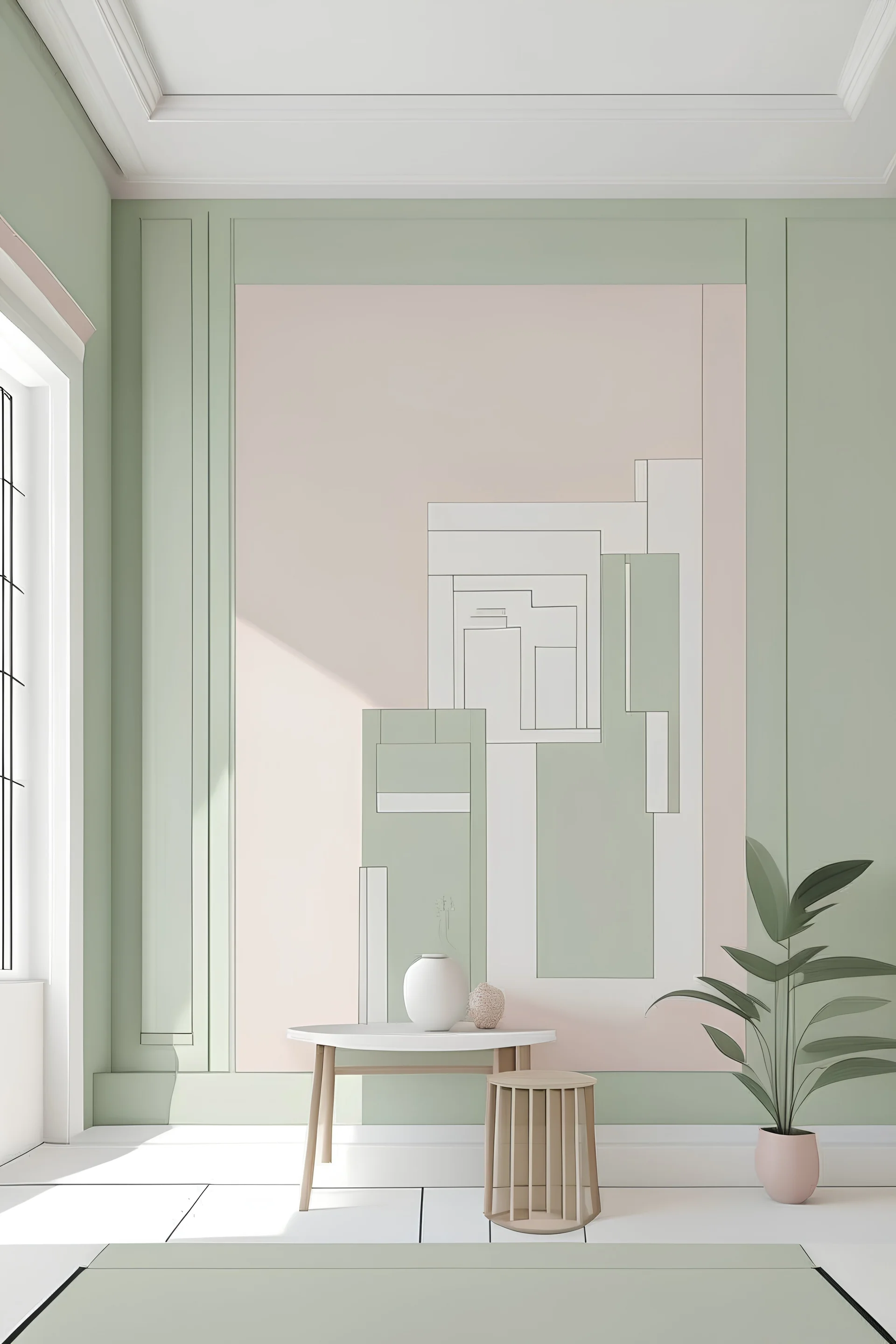 Create handpainted block colour wall mural with greek style. Opt for an earthy and muted color palette of sage green, pink, beige, and white for a calming.