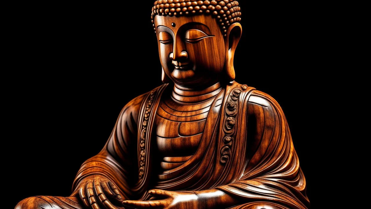 Buddha made of lacquered polished walnut burl and Mahogany, dynamic contrast, depth mapped