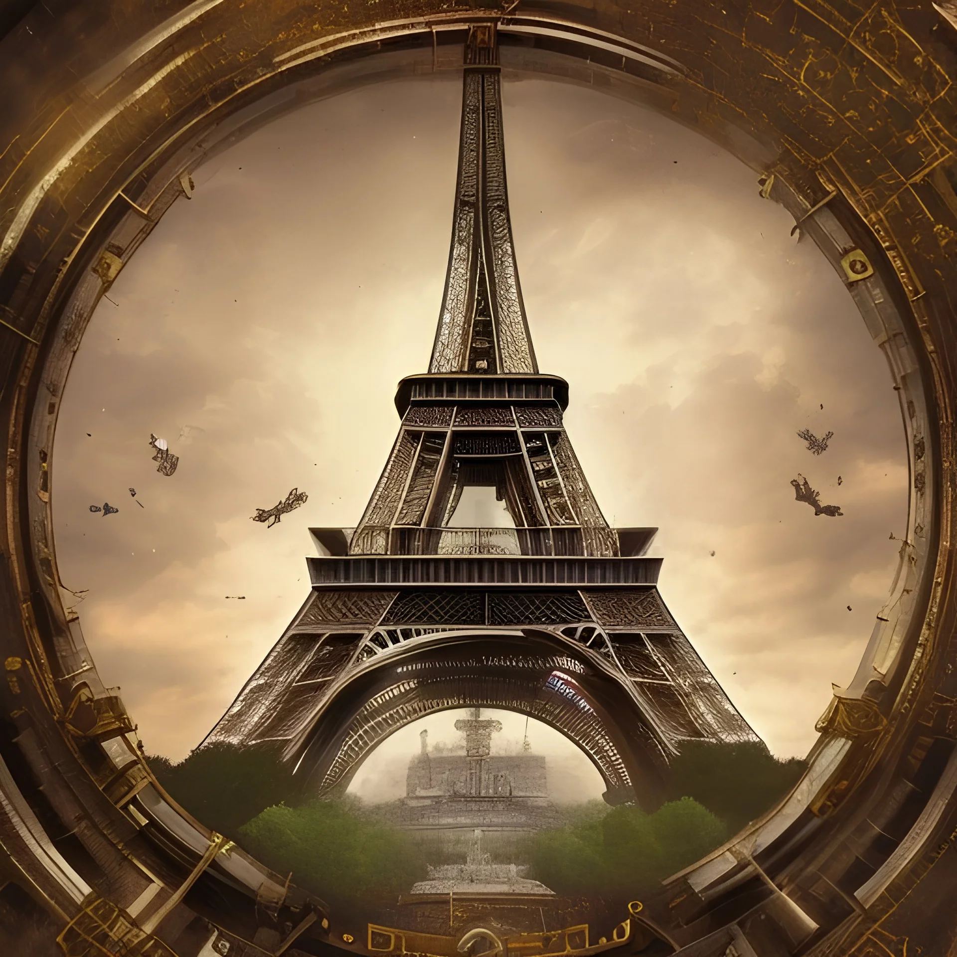 Steampunk Eiffel Tower, all within, view from above, high quality, realism, 4k