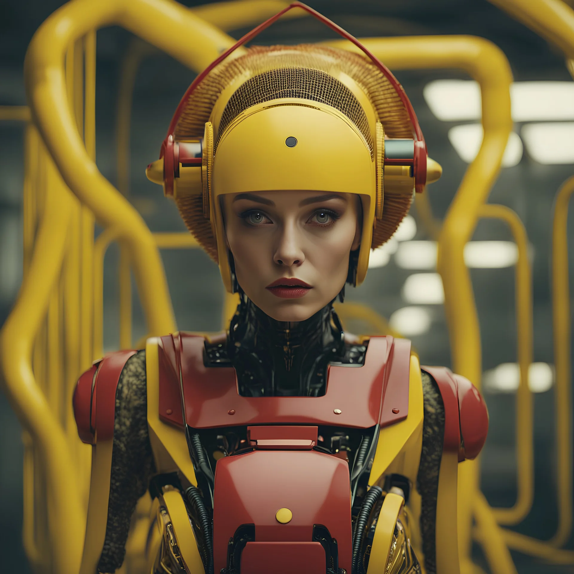 Alien retro computer robot portrait photo, pastel colors, yellow, red, photographed by Daria Endresen, film still from Alejandro Jodorowsky, medium shot fashion, award winning photography, arty pose, fashion, high definition, high resolution, muted colors , volumetric lighting, 8k, 3d render