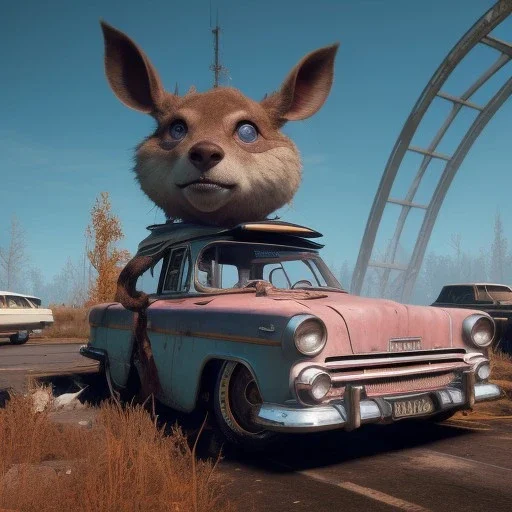 happy cute model sitting on roof of a caravan, wreckfest, spectacular graphics, unreal, road, bridge, fallout 4, mutant