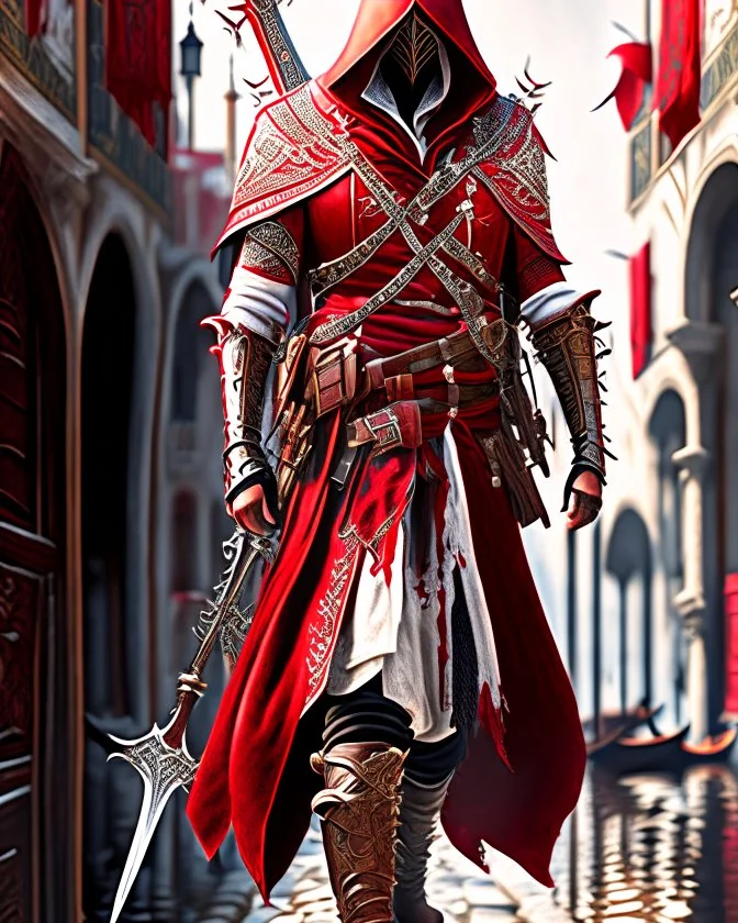 Assassin creed con dagas y espadas detalles en los pantalones en el pecho y en las botas caminando por Venezia capa arte digital hiperdetallado detalles intrincados obra de arte blanco rojo 8k