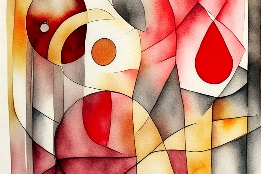 Abstract watercolour in the style of Paul Klee and Barbara Hepworth in red,grey and gold on watercolour background