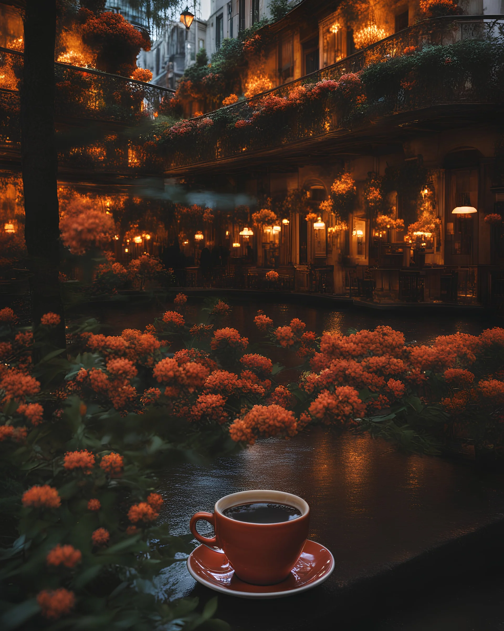 In all the purity of the city, coffee drips, the overflowing color of the moments, is in its bud, as if it were a fire between the waist of the evening and the air of pine, it smells from the feet to the feet. Time is flowing inside every part.