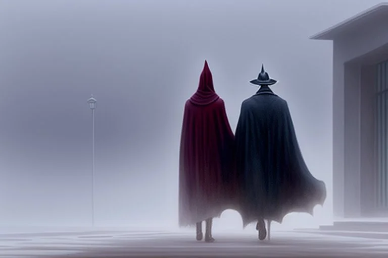 two people in capes seen from behind walking side by side in an empty foggy plain by artist "Leonora Carrington"