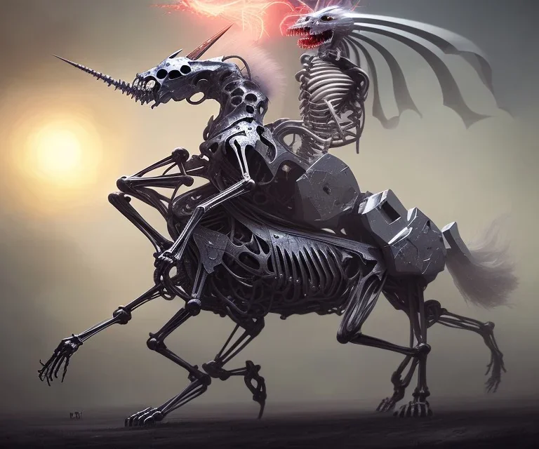 Epic photo of An electric unicorn being ridden by a skeleton, by greg rutkowski,