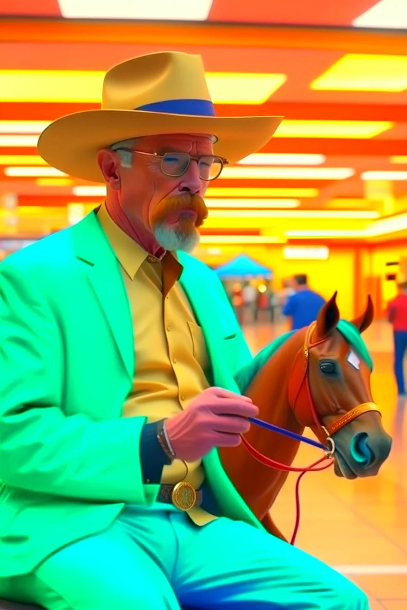 Walter White riding a horse inside of a mall whilst smoking