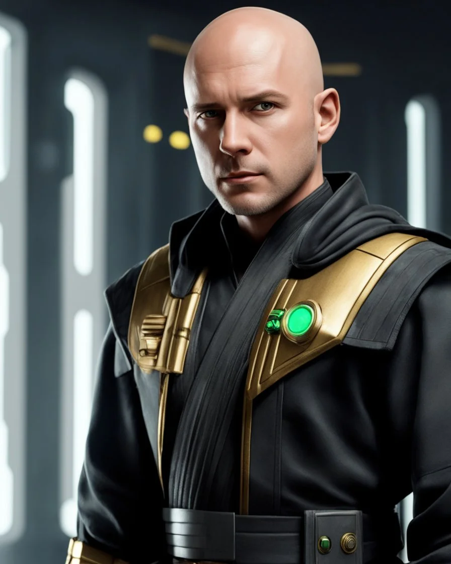 star wars bald male corellian pilot wearing dark gunmetal grey and black First Order special forces TIE pilot armored flightsuit and helmet with gold trim inside the jedi temple, centered head and shoulders portrait, hyperdetailed, dynamic lighting, hyperdetailed background, 8k resolution, volumetric lighting, light skin, fully symmetric details