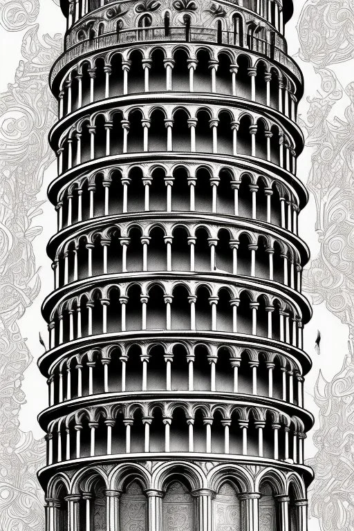 coloring book page of leaning tower of pisa, monochrome