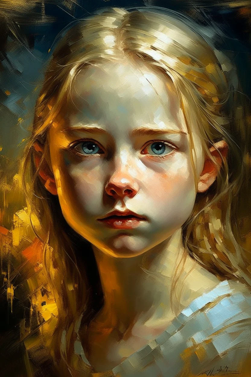 an expressive painting of a beautiful white young girl, we might see a companion with features of absolute strength and determination, blended with warmth and deep faith. Perhaps her face expresses wisdom and courage, with eyes radiating confidence and faith.