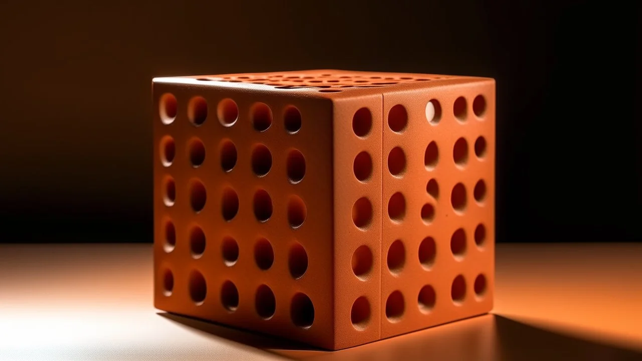 Un gran cubo de color terracota perforado por huecos profundos y regulares, algunas aberturas dejan ver espacios interiores vacíos, fachada frontal que enfatiza la geometría pura del objeto arquitectónico, sombras suaves que marcan cada perforación, ambiente de extrañeza y sofisticación escultórica