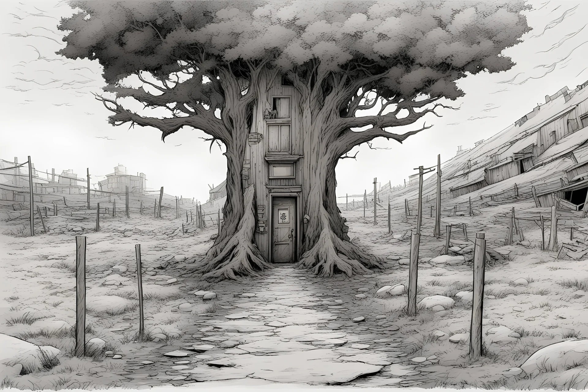 one tree,, post-apocalypse, front view, foot path, , comic book, cartoon