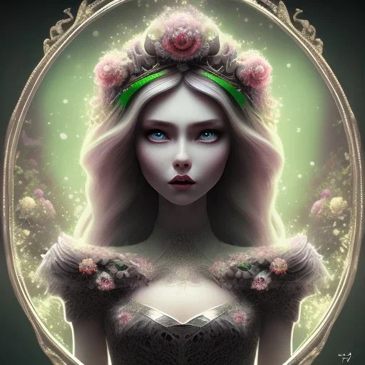 disney, epic dark queen, forest green, majestic, ominous, wildflowers background, intricate, masterpiece, expert, insanely detailed, 4k resolution, retroanime style, cute big circular reflective eyes, cinematic smooth, intricate detail , soft smooth lighting, soft pastel colors, painted Rena