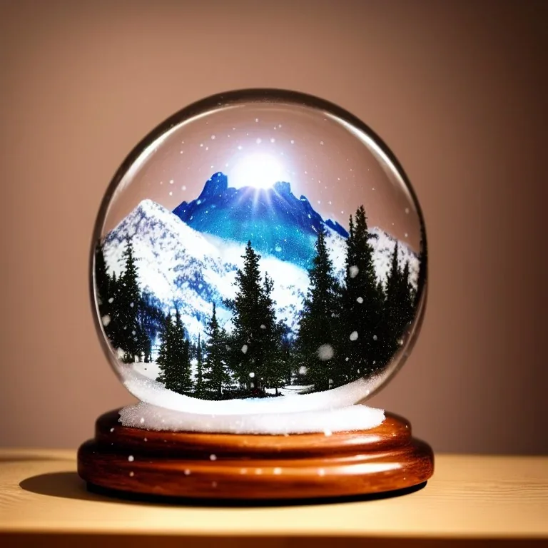 a 16k hyperrealistic snow globe sitting on an oak wooden desk, inside the snow globe there are snowy mountains to the back left and snowy pine trees surround a reindeer with large antlers while snow falls inside