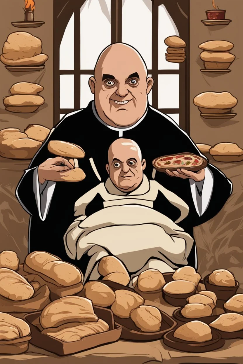 Uncle Fester Addams in front of Some Breads and Other Things Arranged on a Brown Background