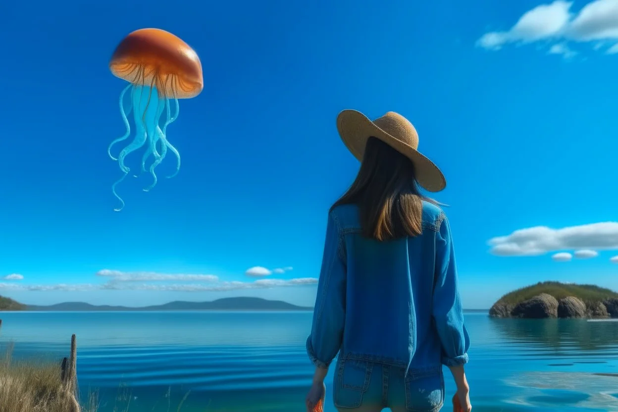 woman standing next to a lake looking at flying mushrooms, with jellyfish tenacles in a blue sky