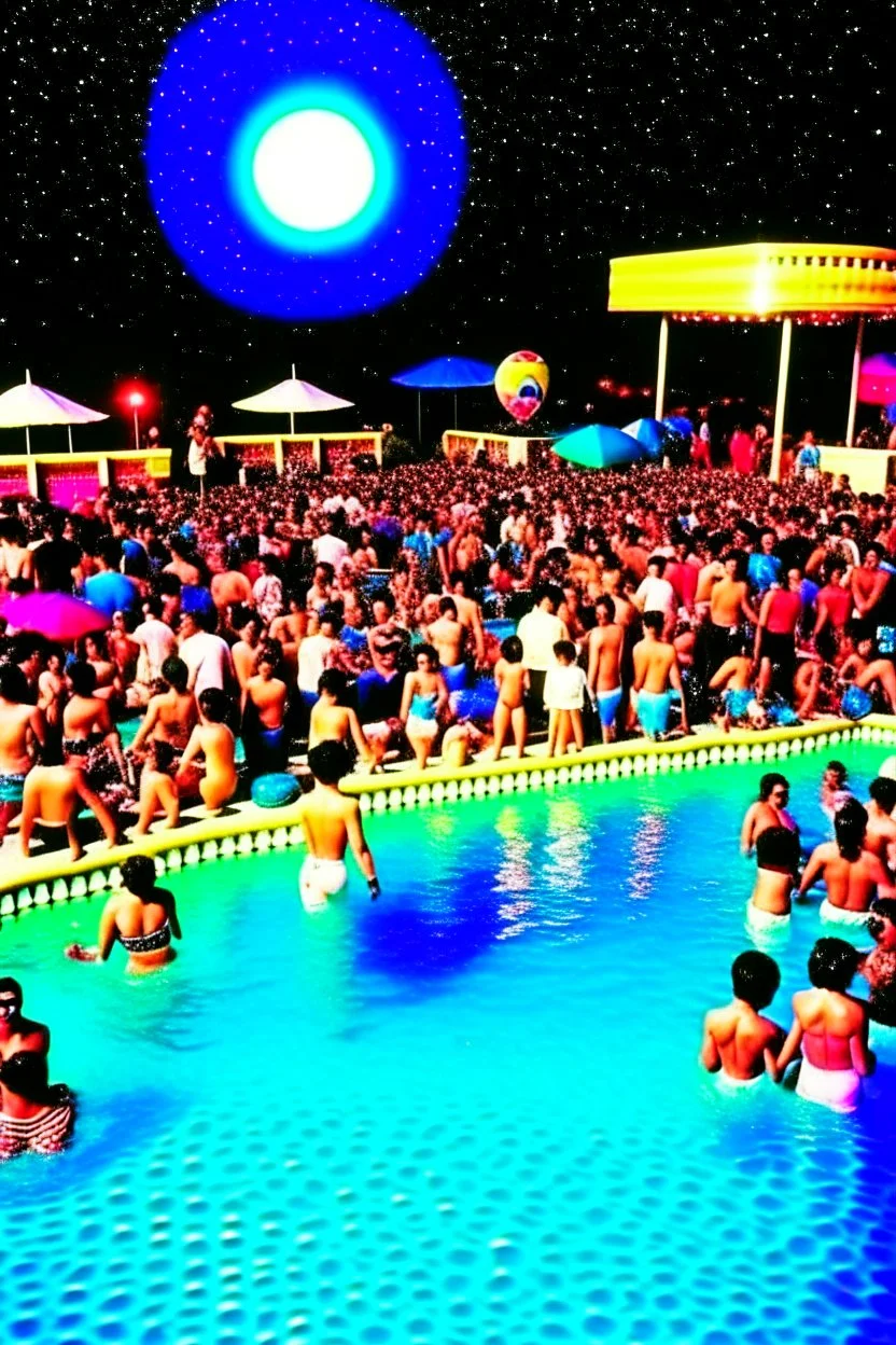 techno rave party in 80's with swimming pool on the moon full