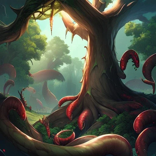 huge tree of life with worms for roots