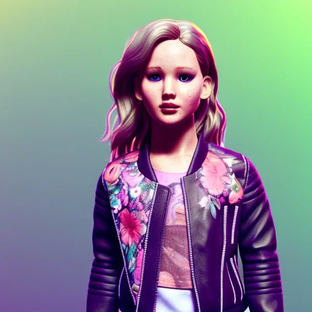 Jennifer lawrence toddler, full body, leather jacket, floral shirt, floral skirt, Nike sneaker, soft skin, city background, dramatic lighting, hyper realistic