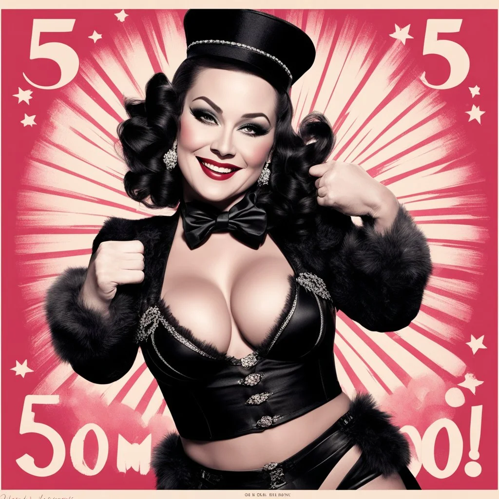 think about a commercial poster script with a burlesque show sponsored by Agent Provocateur outfit, the mature artist doing a thumb up to the camera with a smile, saying "5,000 watchers! That's awesome." Bigger! Wilder! Whoa!