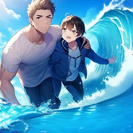 anime. surfer, boy , waves