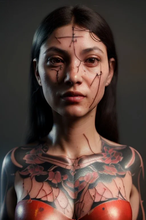 Ultra Realistic image, 30 years old Spanish woman, portrait, small complexion, natural small busty, traditional Japanese tattoo, jakuza style, vibrant color, highly detailed, art stations, concept art, smooth, unreal engine 5, god rays, ray tracing, RTX, lumen lighting, ultra detail, volumetric lighting.