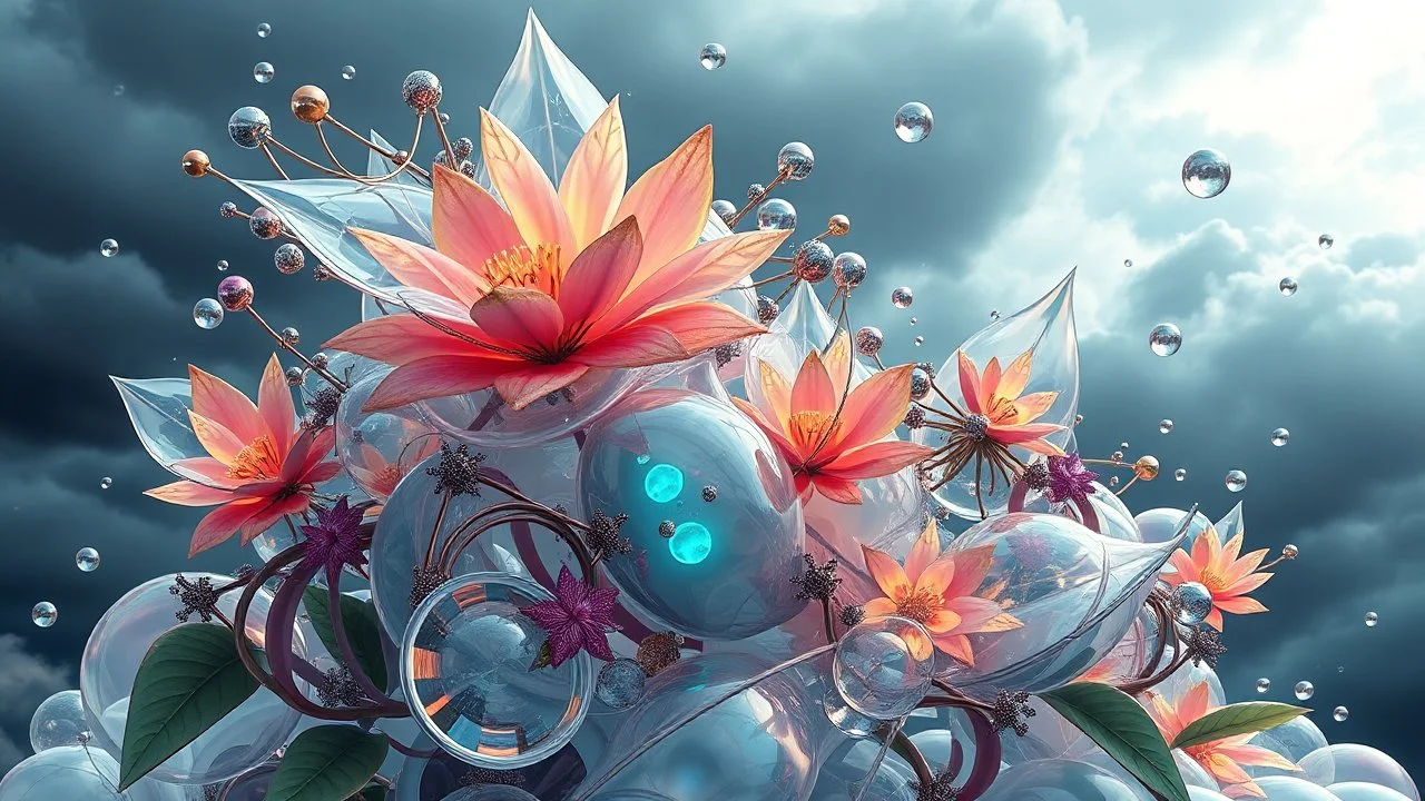 Dynamic complex hypnotic of 3D structures Symmetry twisting and morphing between cifi plants , cifi flowers and metal geometric 3d structures , smooth translucent iridescent glass with inner glow and bubbles, varied transparent materials, stormy skies, intense dramatic