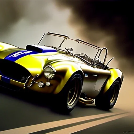 hyperrealism Drawing of 'AC Shelby Cobra 427' three quarter frontal aerial view, by gaston bussiere, greg rutkowski, yoji shinkawa, yoshitaka amano, tsutomu nihei, donato giancola, tim hildebrandt,oil on canvas, cinematic composition,Sharp detail,extreme detail,fit full head inside picture,16k