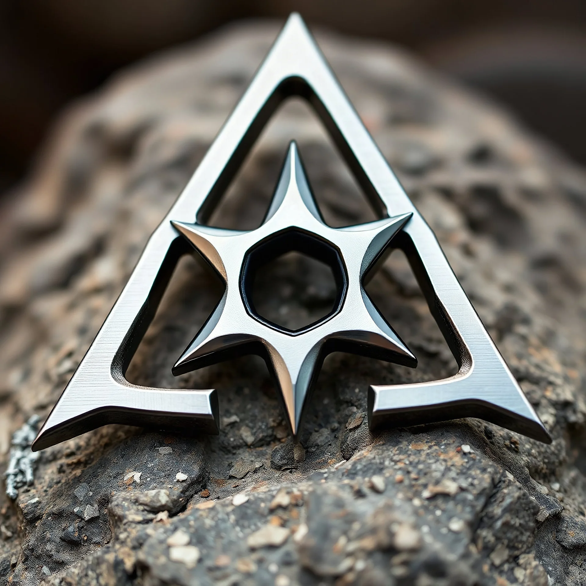 The letter "A", made of sharp blade metal, stylized font, fixed on top of a rock, close up photo, lustrous, shiny, ninja star