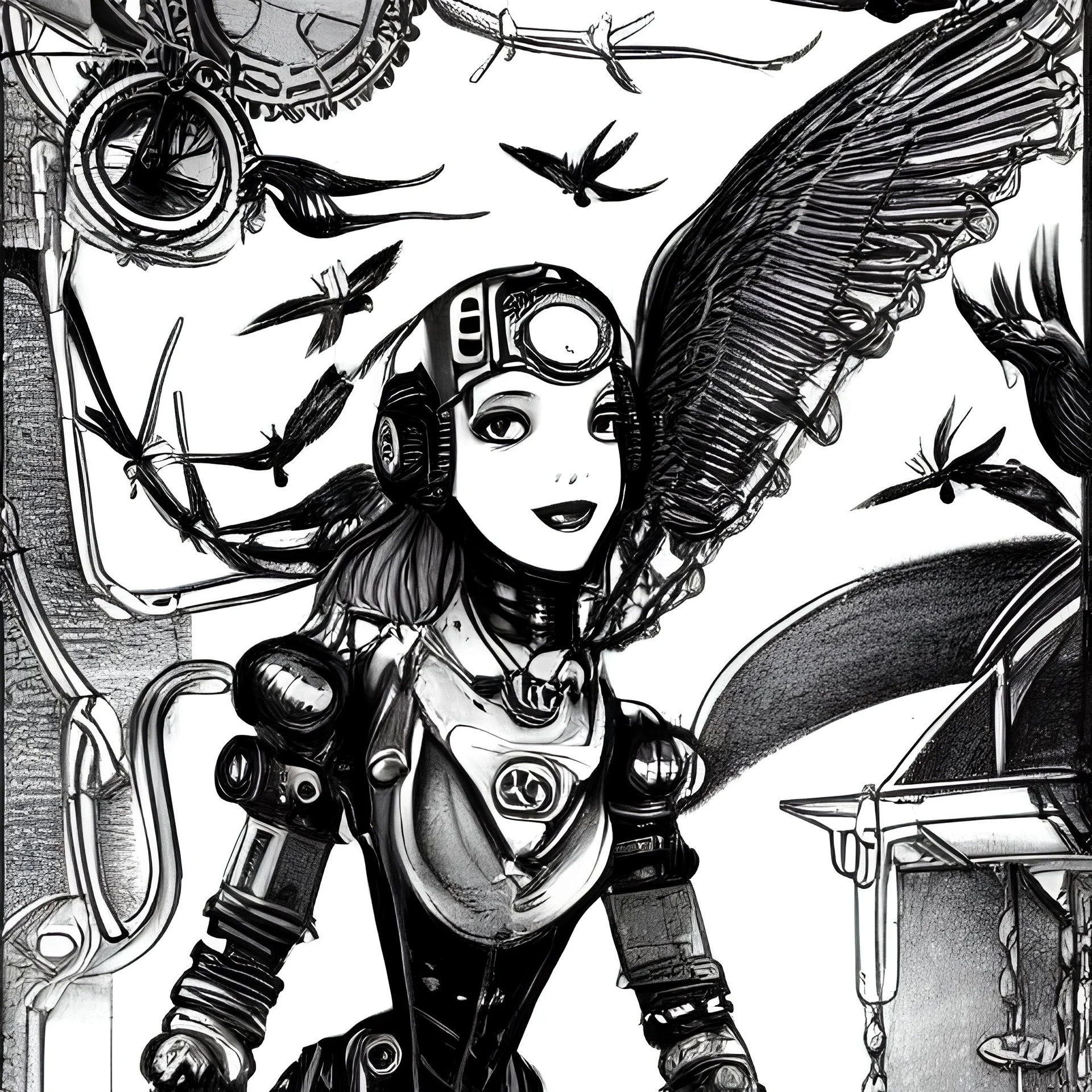 great illustrator, spanish, pencil sketch of a cute girl, beautiful, steampunk syle, black and white. Helmet with tubes. venetian mask. Machinery in the background. robotic birds flying. High details.