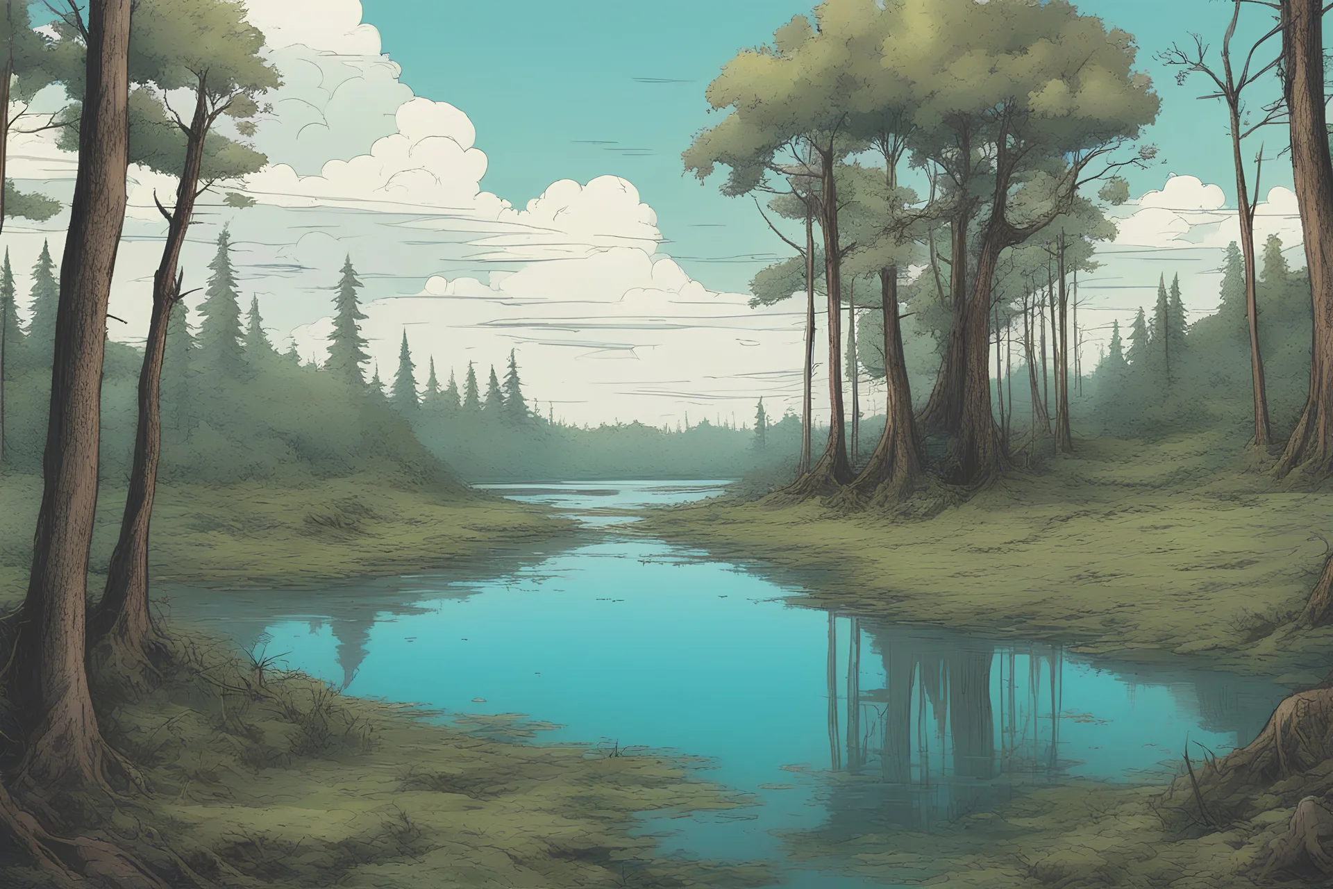 Lake, forest, tree, overgrown apocalyptic, comic book, cinematic, far,