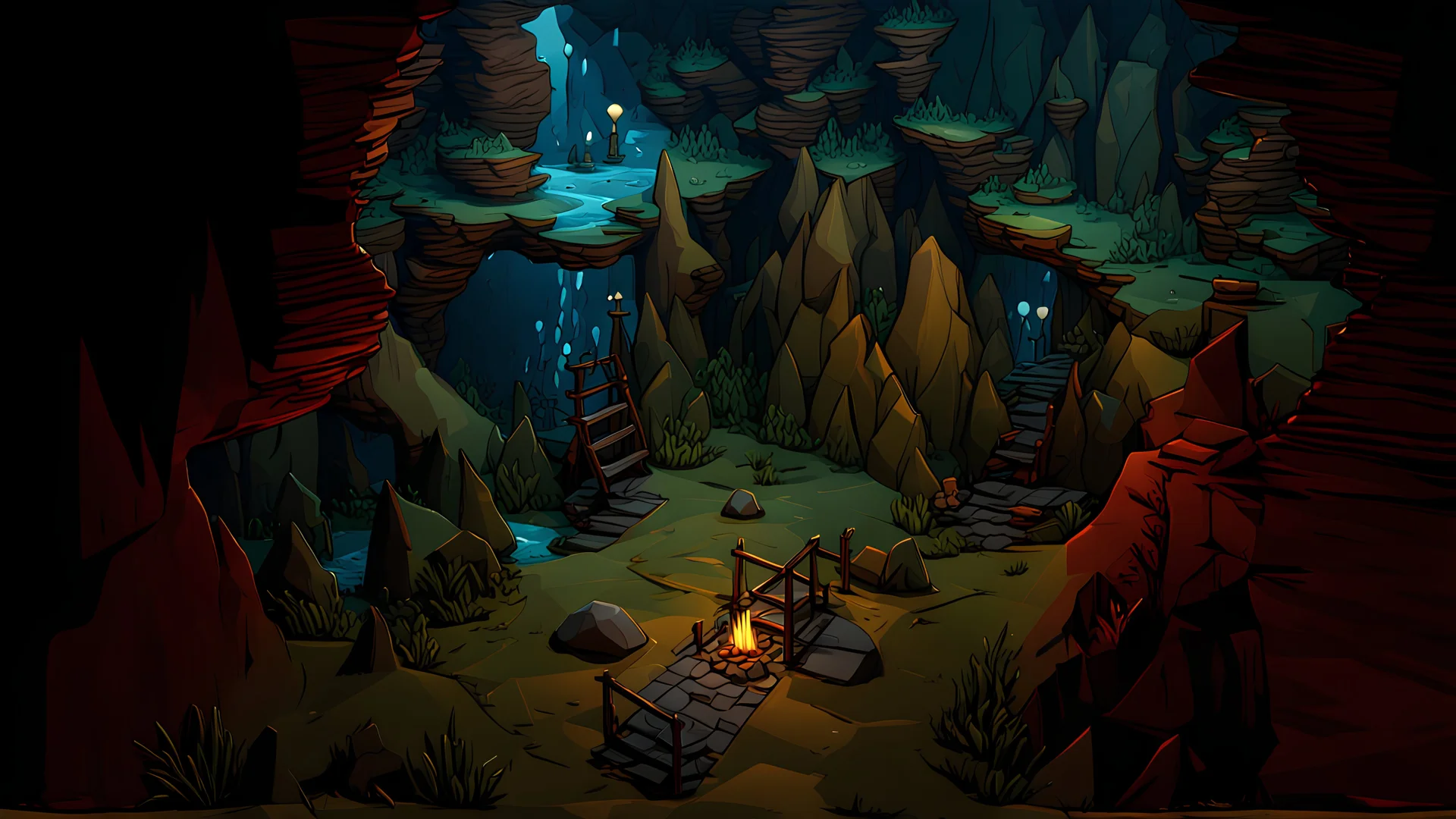 fantasy environment view from above, a cave interior view from inside, dark and gloomy mood, a small narrow water stream is flowing though the cave, there are a couple of stalactites growing from the ground, a campfire lightens a small part of the cave on the left, blocky 3D low poly cartoon render style of the image