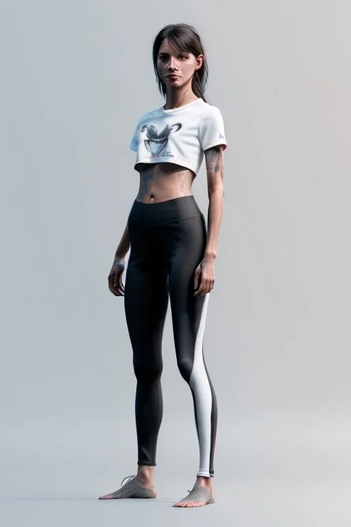 Ultra Realistic image, 25 years old brunette woman, Madrid, portrait, small stature, small chest, yakuza body tattoo, white broken cotton short undershirt, black latex legging, vibrant color, highly detailed, art stations, concept art, smooth, unreal engine 5, god rays, ray tracing, RTX, lumen lighting, ultra detail, volumetric lighting.