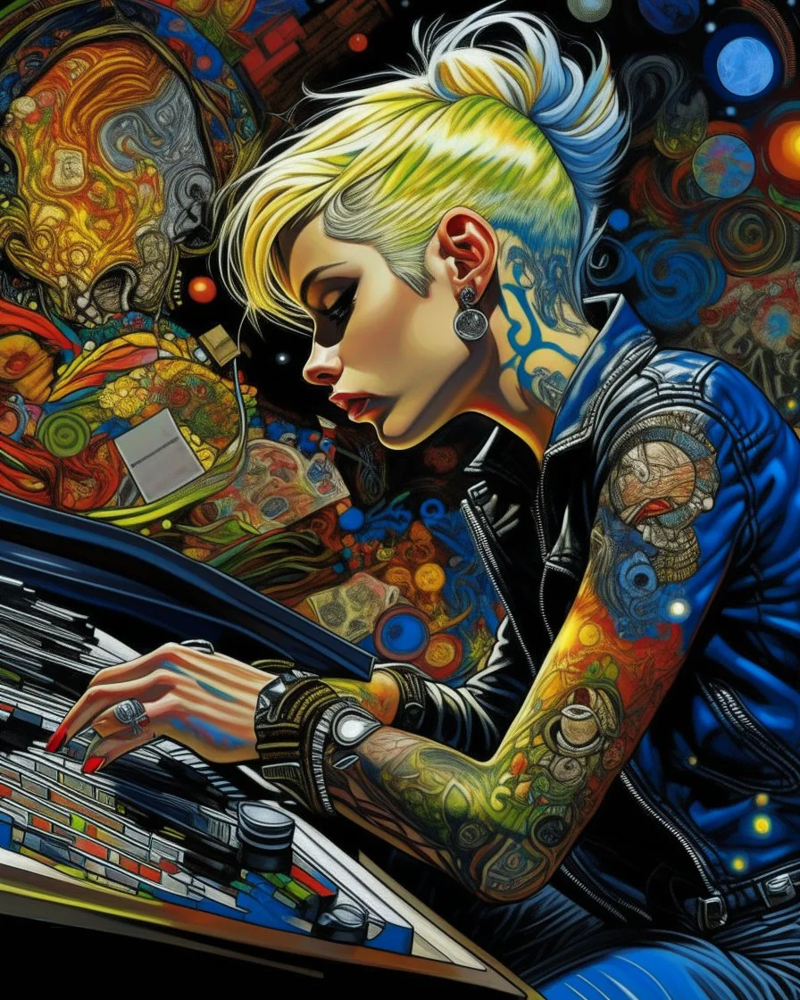 "Midnight Serenade unique" low view angle shot down village road , large close up a beautiful young blonde woman with a tattoos and punk style hairstyle wearing a cool black leather jacket like rocker style and playing the piano granite terrazzo motifs with puzzle modern clothing is decorated with colorful filigree abstract, Collage chutes papiers magazines,Spirograph background by Nisa Kiley, Textile Artist