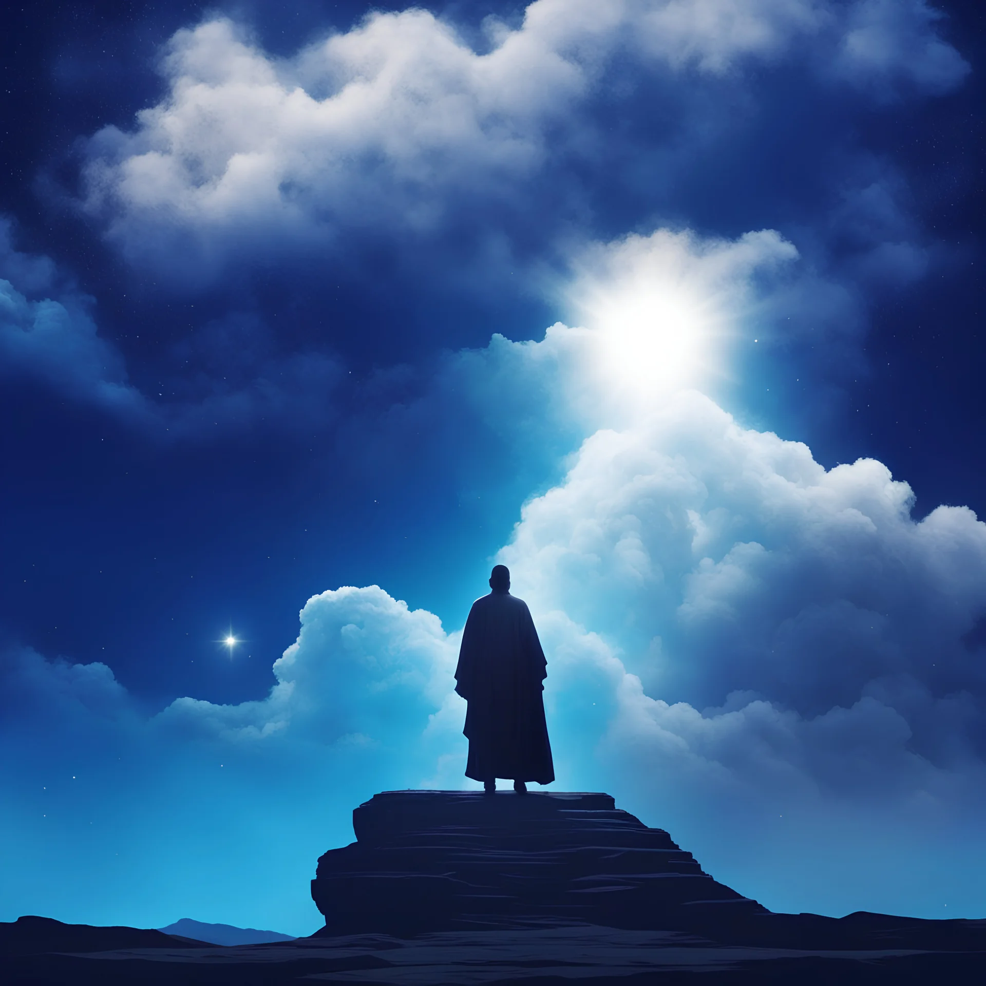 The Prophet looks to the sky with cloud and star , open door, and he walk on sky and cloud, with walk to big door , and open it with effect of Cinematic lighting, realistic