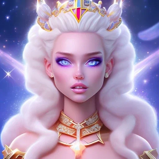 cosmic prince belle fine, profil de trois quart, grand front cosmique, peau bleu cristalline, yeux bleu, perle sur le front long cheveux blond et rose etoilé, cristaux sur le corps, collier de grande princesse, levres souriante, très jolie sourire