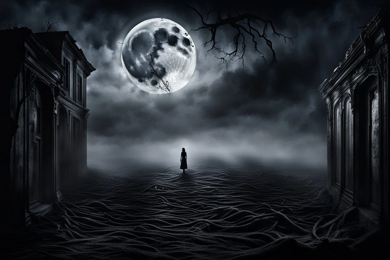 It was a creepy, silent night. The dark shadows danced across the walls, and sky , and the full moon make heavily verticíl light in the room, a dark Silhouette stands in the evil fog, in the grey ruined room, the sleeping human heart ached with fear and sadness, for knows what waiting at the end