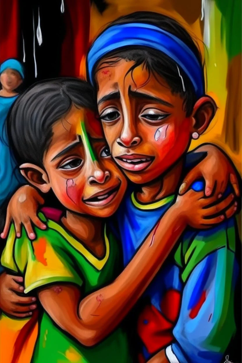 a girl hug her brother and both crying sadly, expressionism, Pixar style, in abstract art Basquiat, Picasso, Miro, Kandinsky, Klee, Birell, Fairey, Ardon, Buffet aand Picasso style, HD --s 750 --v 5.1 --style raw, water color